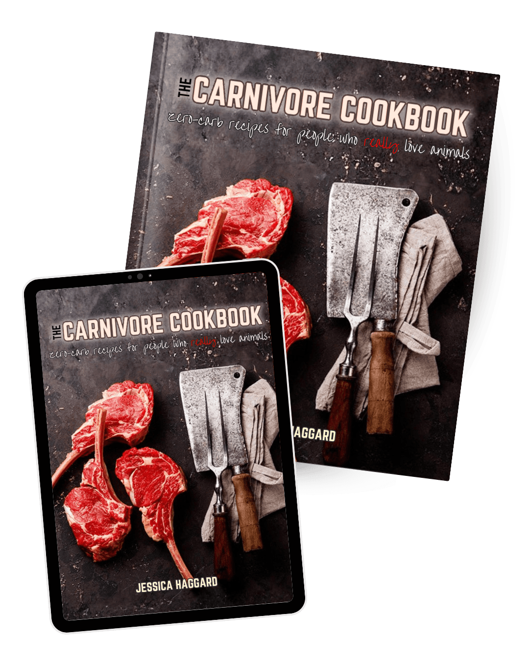 A print book and tablet displaying the cover of "The Carnivore Cookbook," a standout among cookbooks, with raw steaks and meat cleavers on a dark surface.