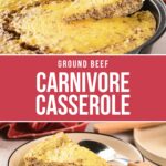 A round casserole dish filled with a baked ground beef casserole, with a slice served on a plate beside a fork. Text reads “Ground Beef Carnivore Casserole.”.