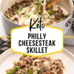 A skillet and plate filled with a keto Philly cheesesteak mixture of ground beef, green peppers, onions, and melted cheese.