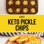 Muffin tin with shredded cheese, baked into round chips, served on a plate with sauce.