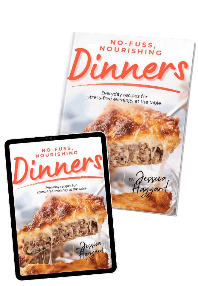 The image shows a cookbook titled "No-Fuss, Nourishing Dinners" by Jessica Haggard, with both print and digital cookbooks featuring a casserole on the cover.