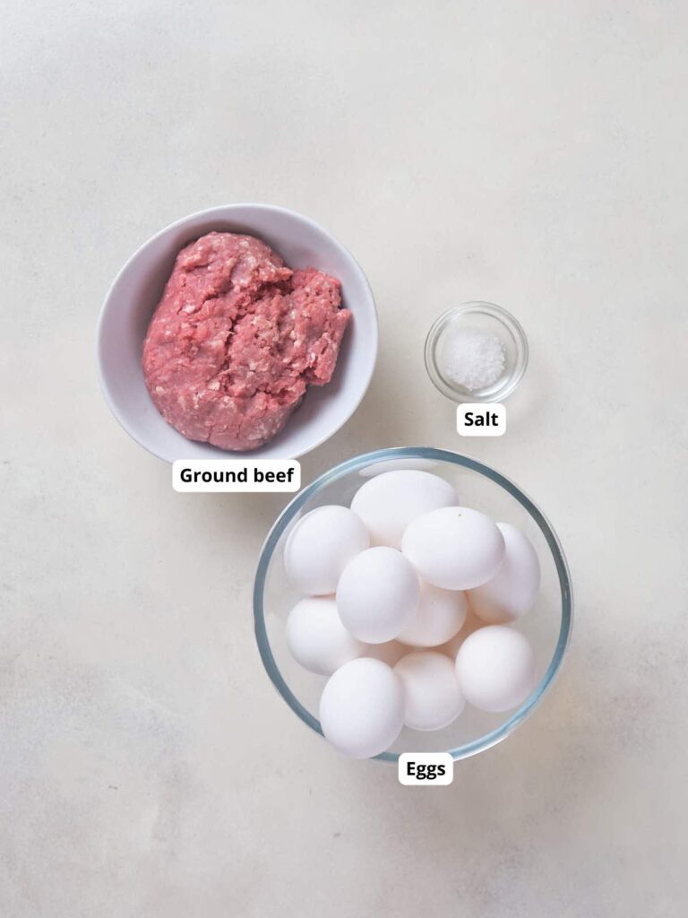 A bowl of ground beef, a small container of salt, and a bowl of eggs on a light surface, each labeled.