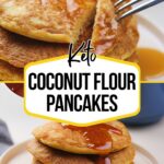 Coconut flour pancakes stacked on a plate with syrup drizzled on top.