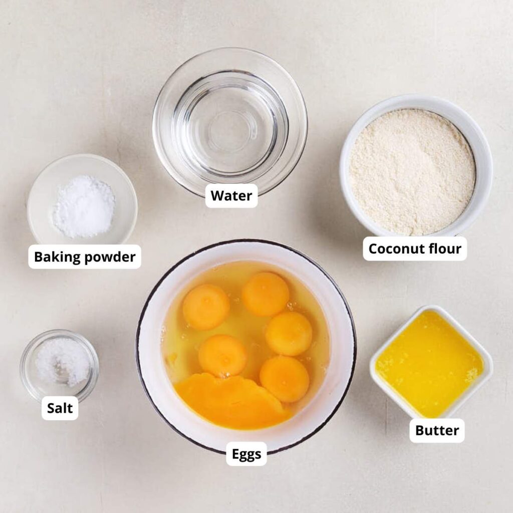 Top-down view of measured baking ingredients in bowls: eggs, coconut flour, melted butter, water, baking powder, and salt, each labeled.