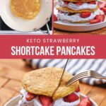 A stack of keto strawberry shortcake pancakes layered with whipped cream and strawberries, shown whole and being cut with a fork. Recipe by primaleedgehealth.com.